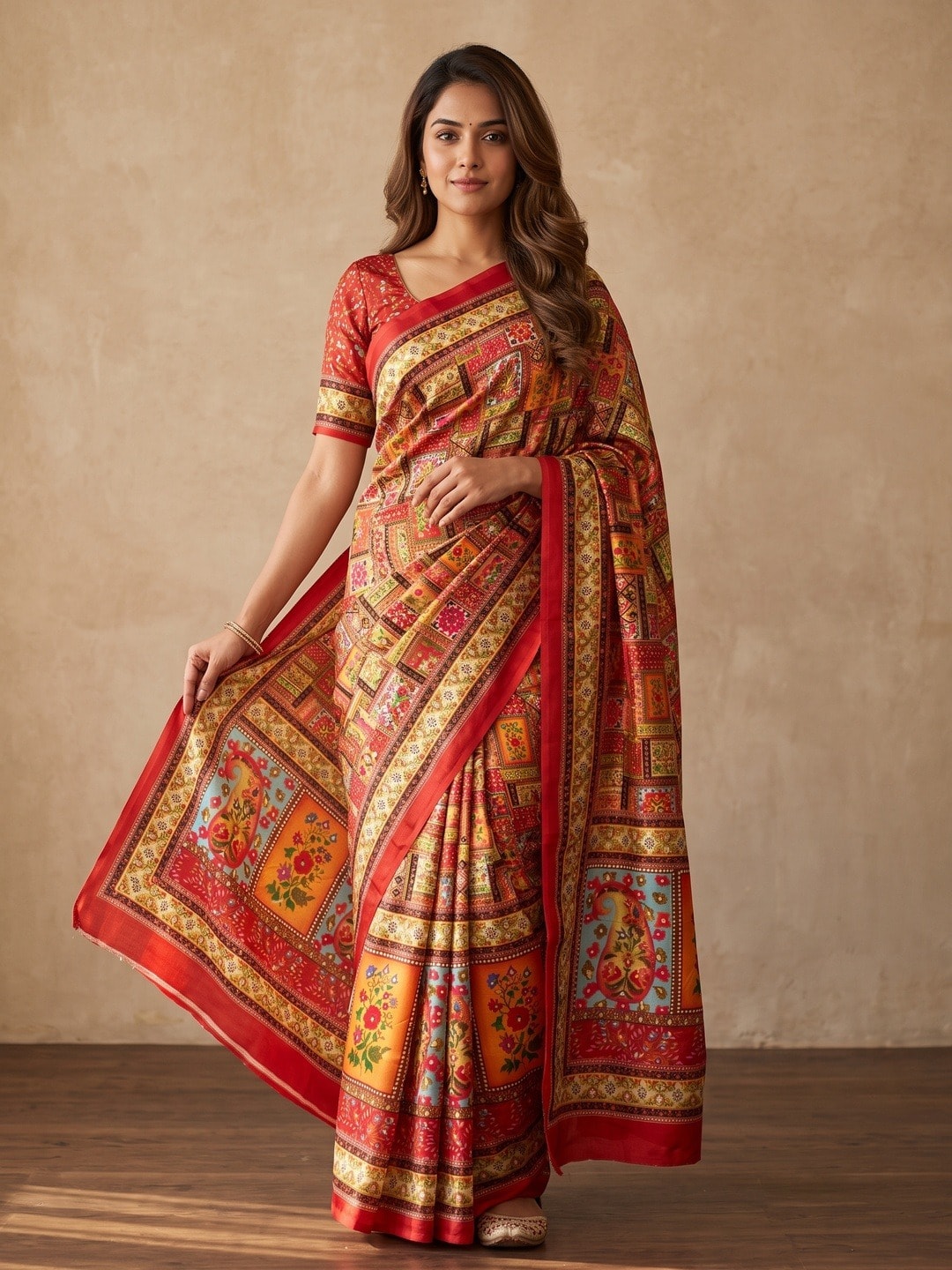 Peachmode Red Chinon Saree With Ethnic Print And Mirror Work - Image 1