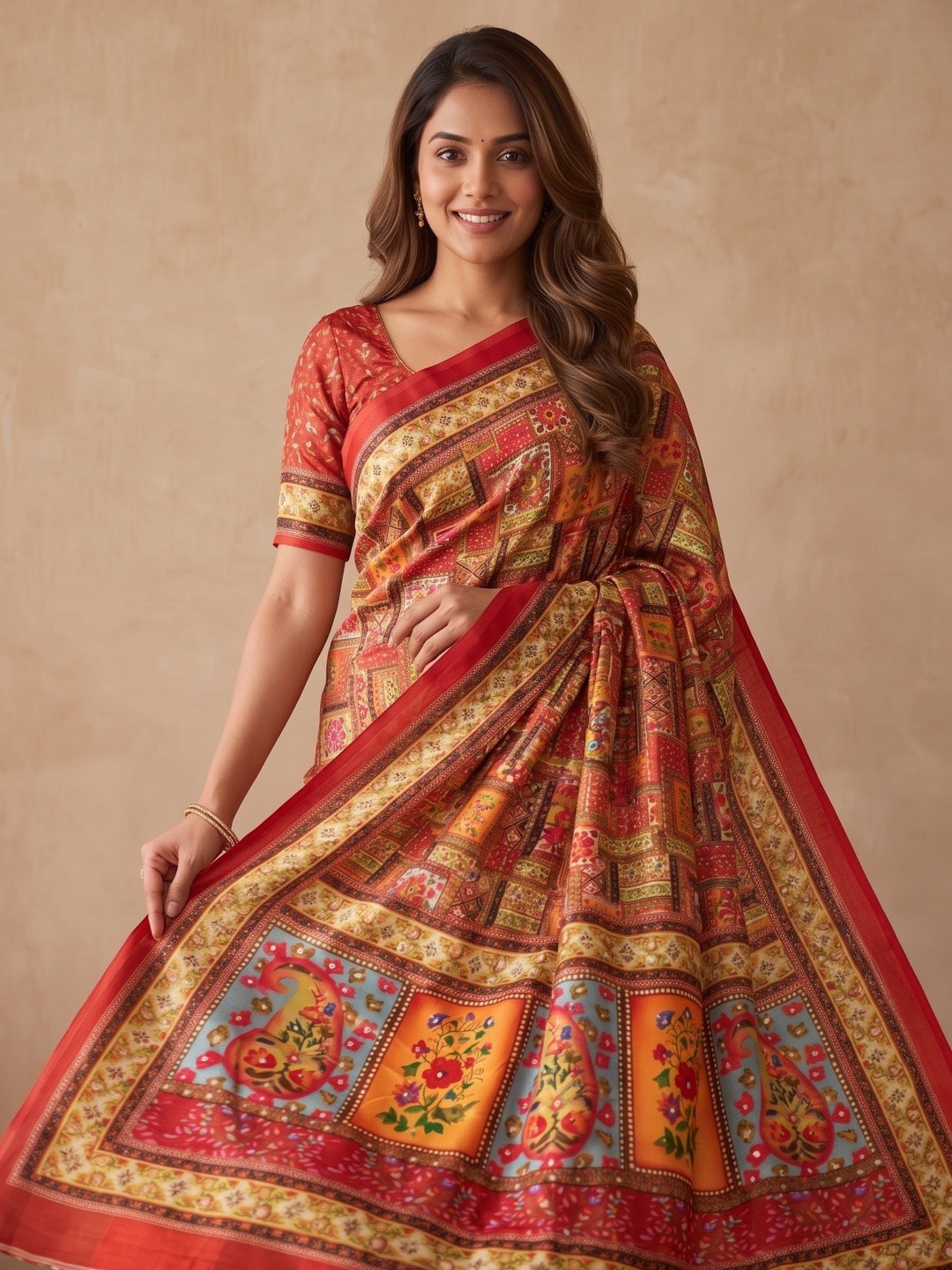 Peachmode Red Chinon Saree With Ethnic Print And Mirror Work - Image 3