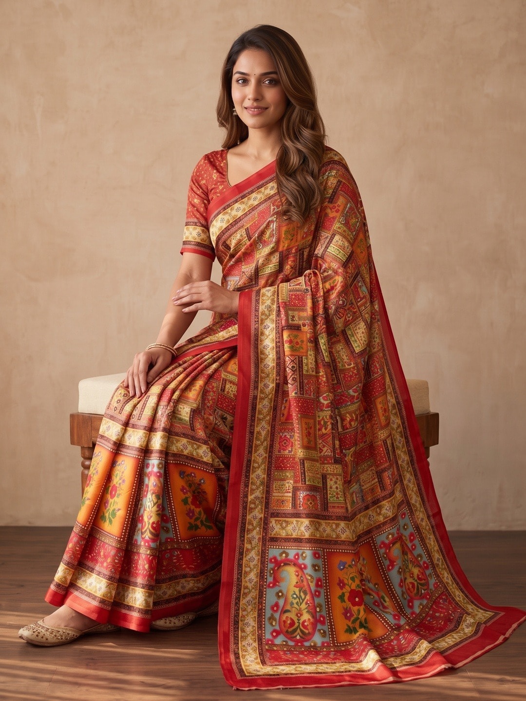 Peachmode Red Chinon Saree With Ethnic Print And Mirror Work - Image 5
