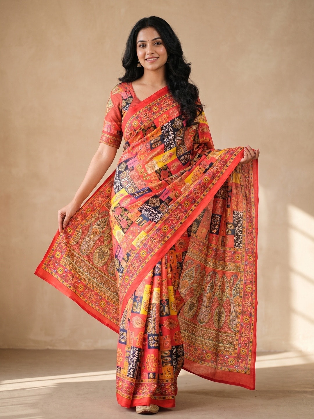 Peachmode Orange Chinon Saree With Ethnic Print And Mirror Work - Image 1