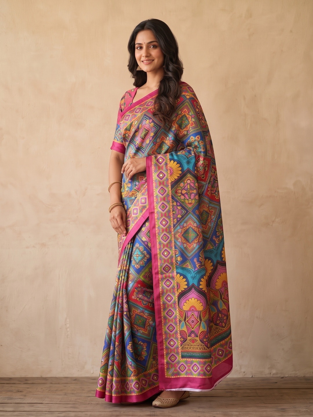 Peachmode Multicolor Chinon Saree With Ethnic Print And Mirror Work - Image 2