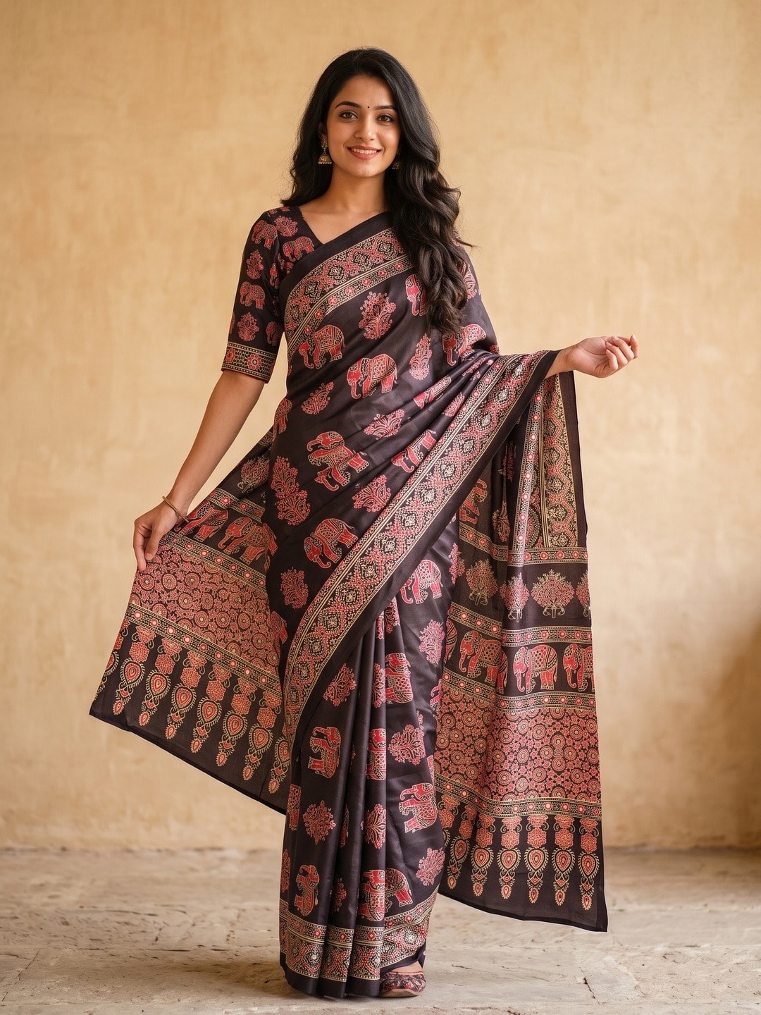 Peachmode Black Chinon Saree With Ethnic Print And Mirror Work - Image 1