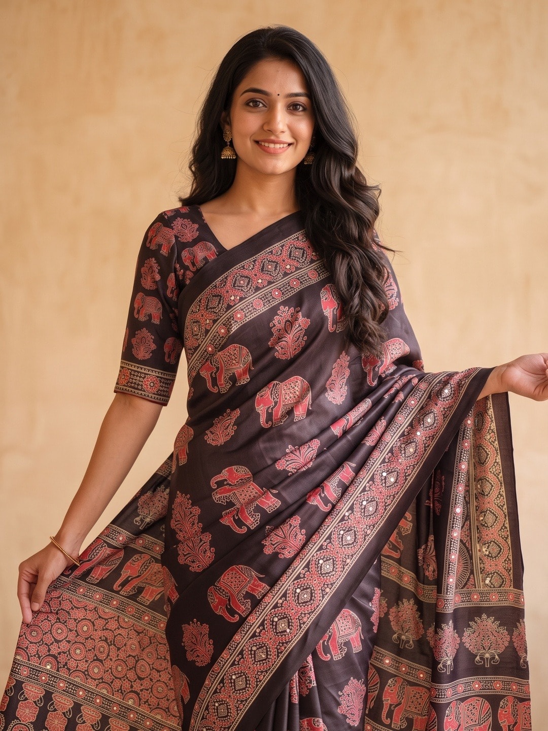 Peachmode Black Chinon Saree With Ethnic Print And Mirror Work - Image 3