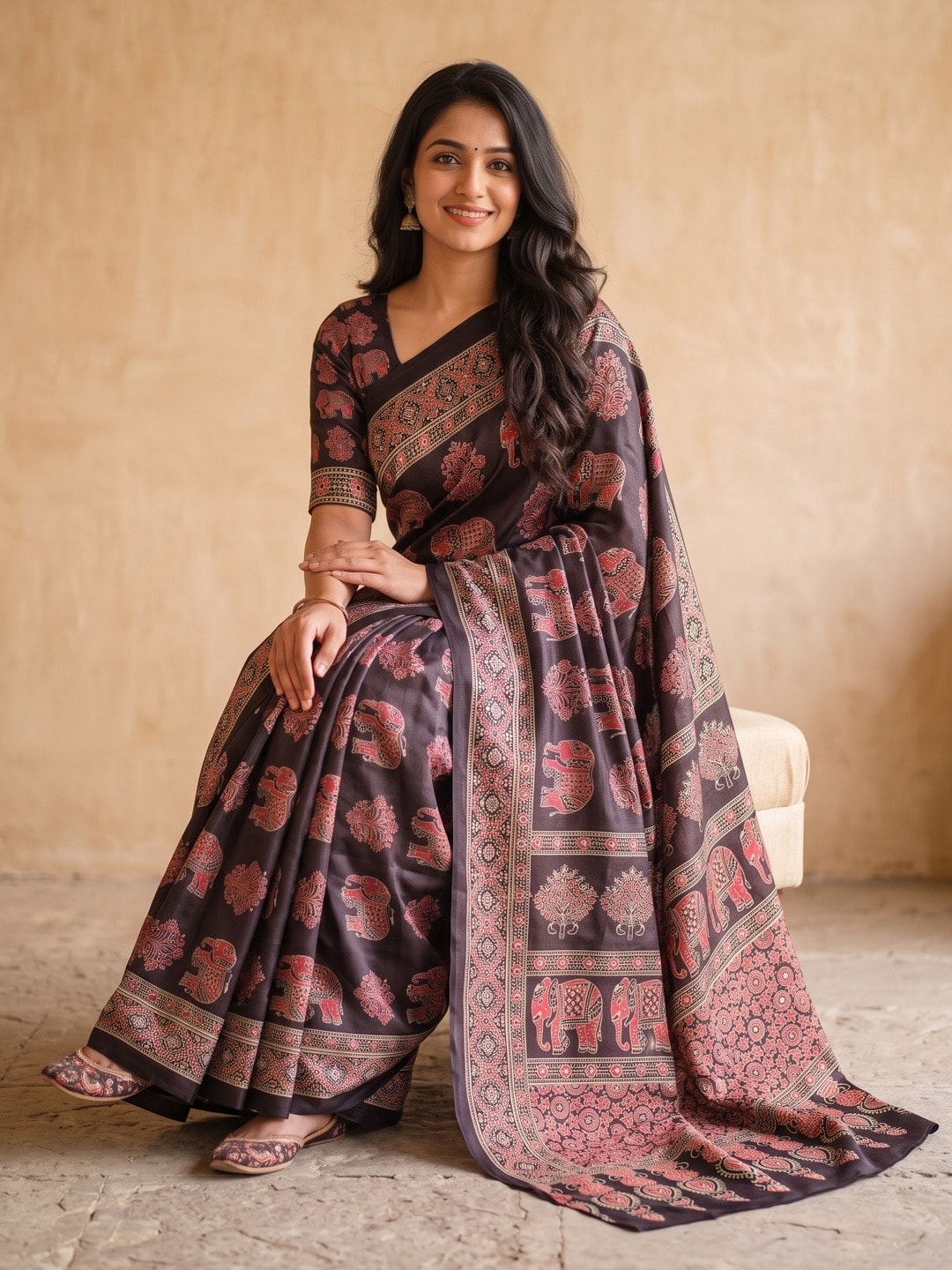 Peachmode Black Chinon Saree With Ethnic Print And Mirror Work - Image 5