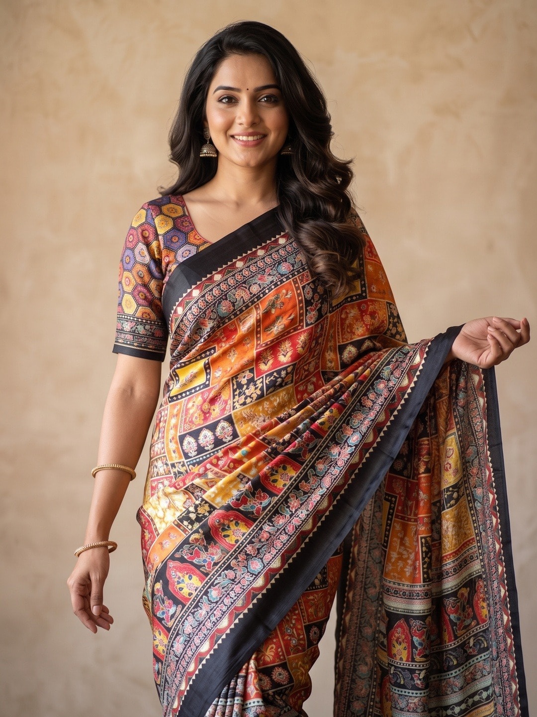 Peachmode Multicolor Chinon Saree With Ethnic Print And Mirror Work - Image 3