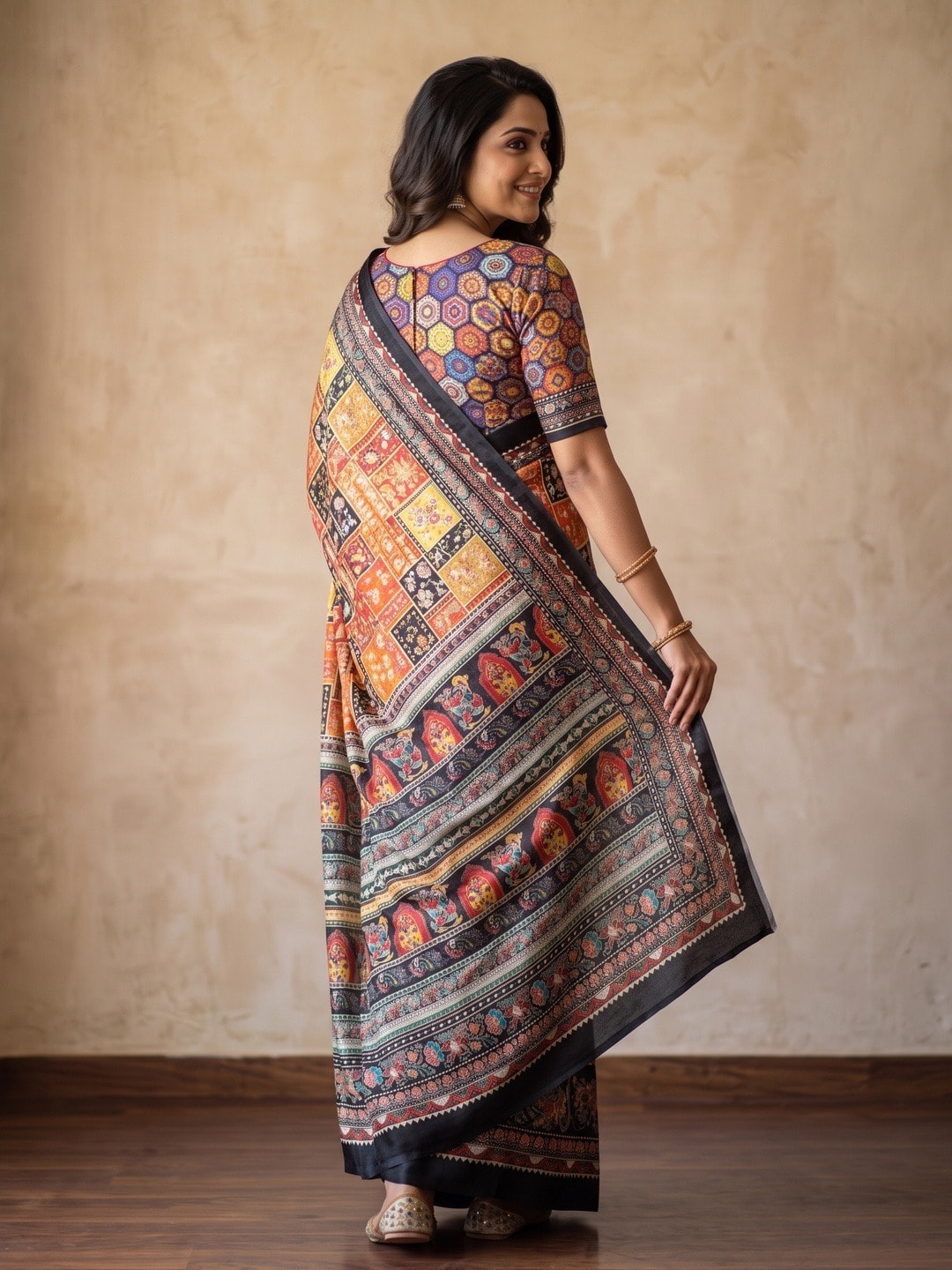 Peachmode Multicolor Chinon Saree With Ethnic Print And Mirror Work - Image 4