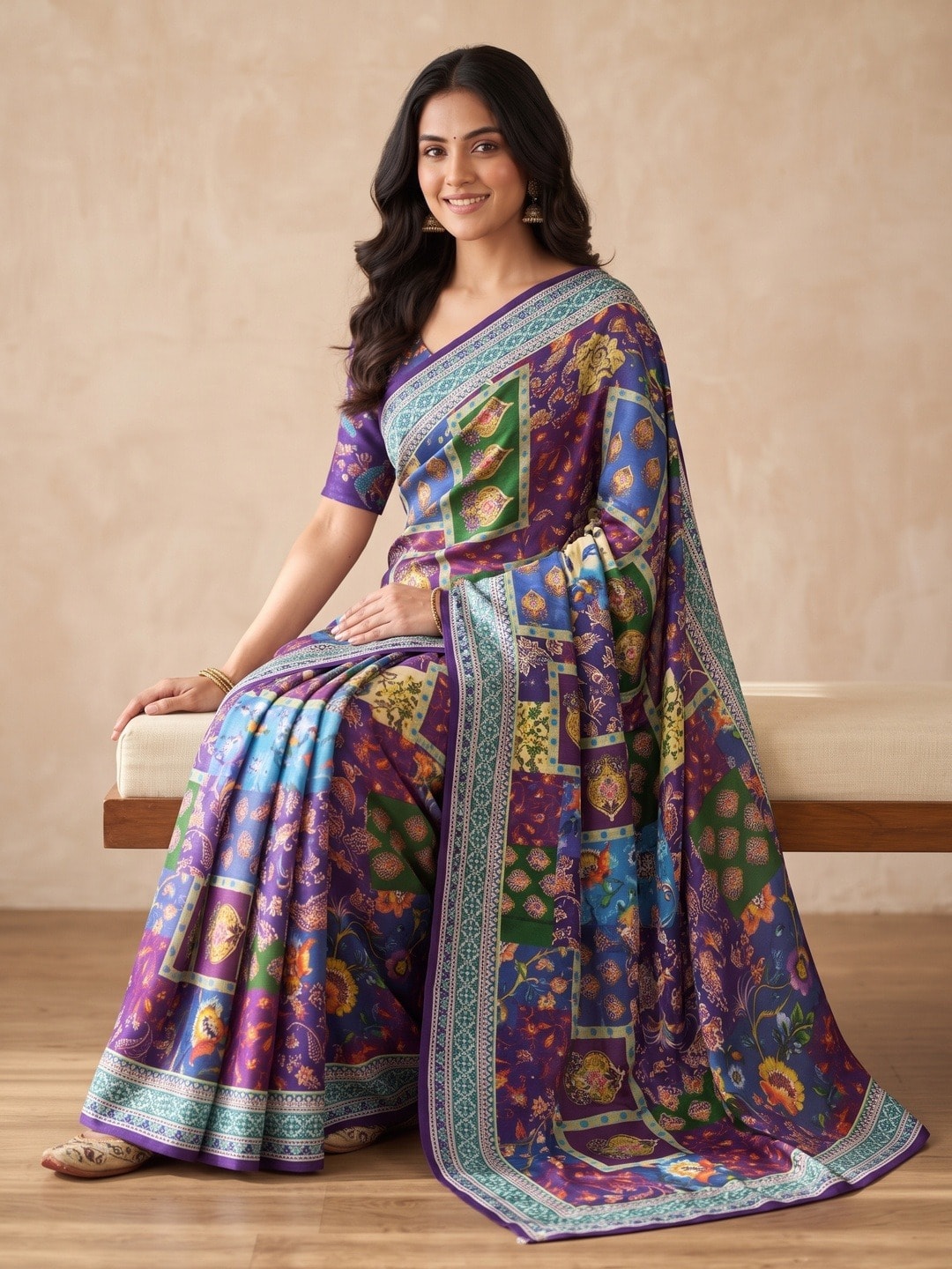Peachmode Purple Chinon Saree With Ethnic Print And Mirror Work - Image 5