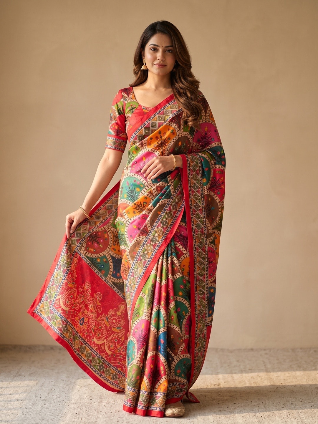 Peachmode Red Chinon Saree With Ethnic Print And Mirror Work - Image 1