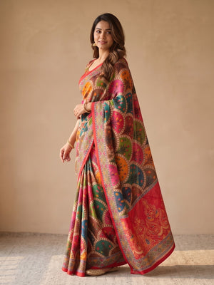Peachmode Red Chinon Saree With Ethnic Print And Mirror Work - Image 2
