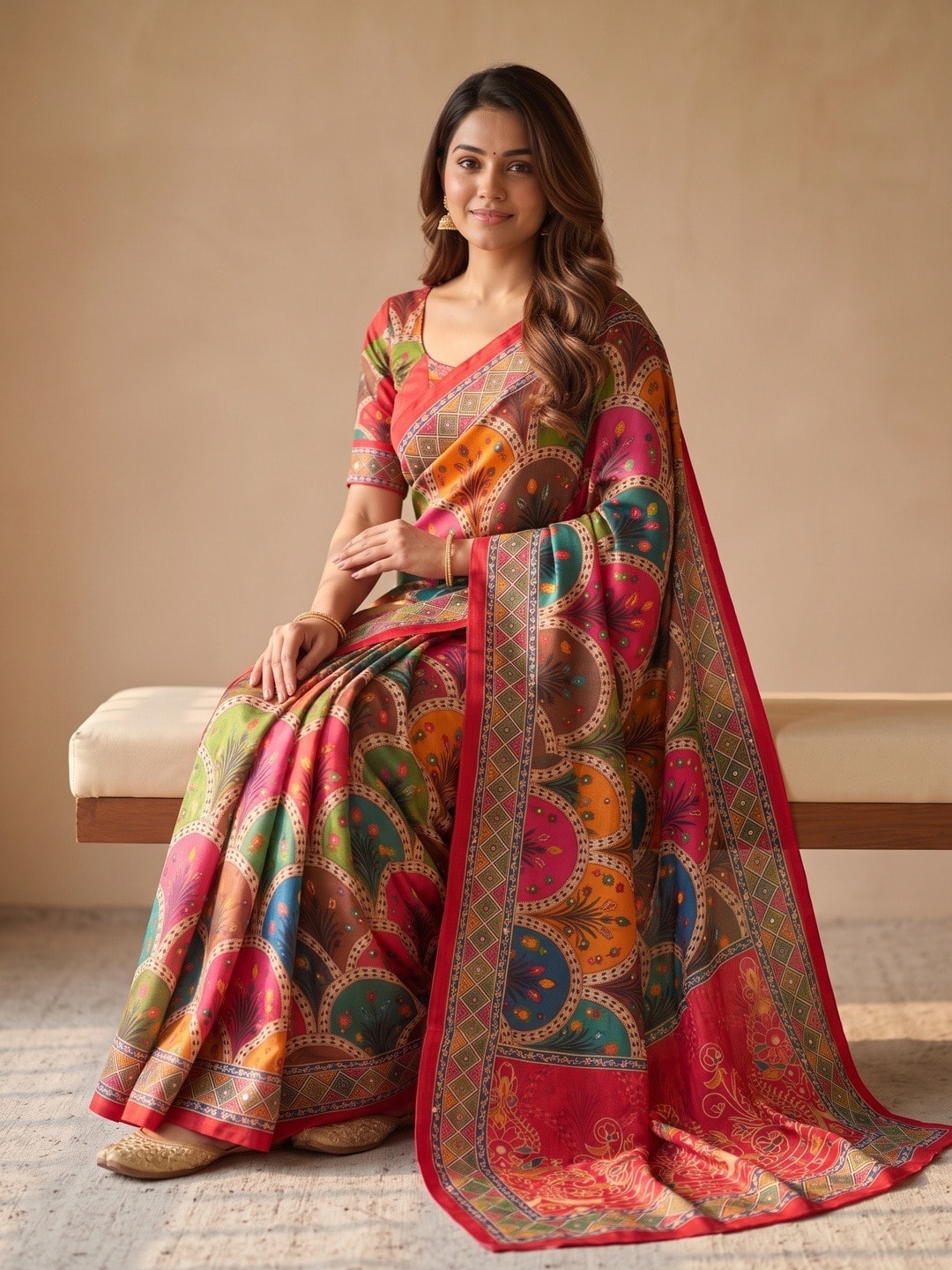 Peachmode Red Chinon Saree With Ethnic Print And Mirror Work - Image 5