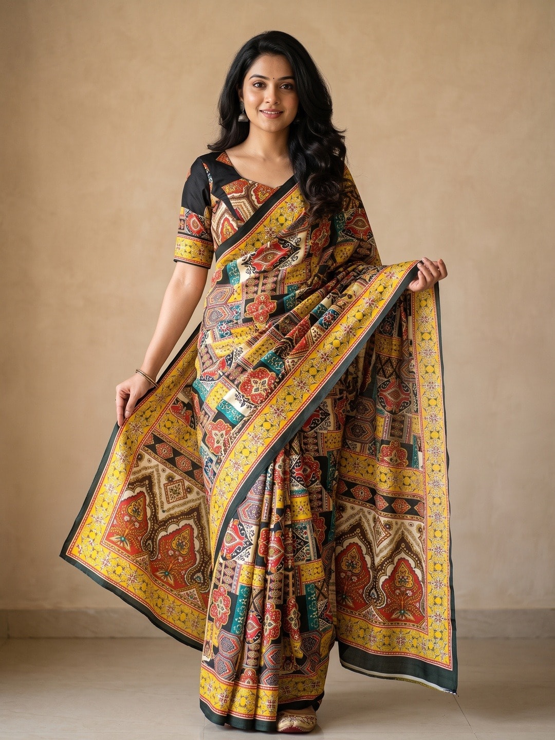 Peachmode Yellow Chinon Saree With Ethnic Print And Mirror Work - Image 1