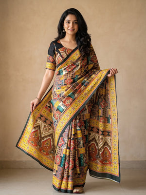 Peachmode Yellow Chinon Saree With Ethnic Print And Mirror Work - Image 1