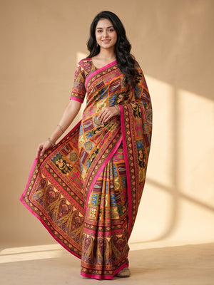 Peachmode Maroon Chinon Saree With Ethnic Print And Mirror Work - Image 1