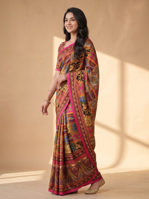 Peachmode Maroon Chinon Saree With Ethnic Print And Mirror Work - Image 2