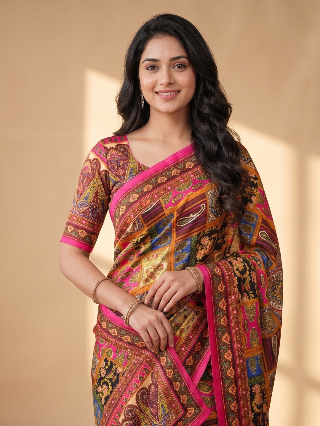 Peachmode Maroon Chinon Saree With Ethnic Print And Mirror Work - Image 3