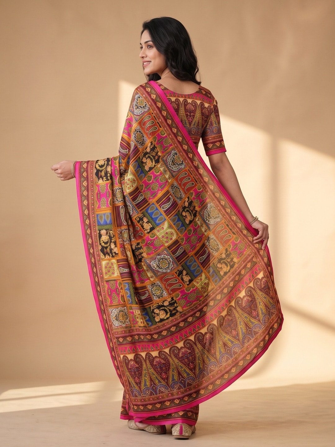 Peachmode Maroon Chinon Saree With Ethnic Print And Mirror Work - Image 4