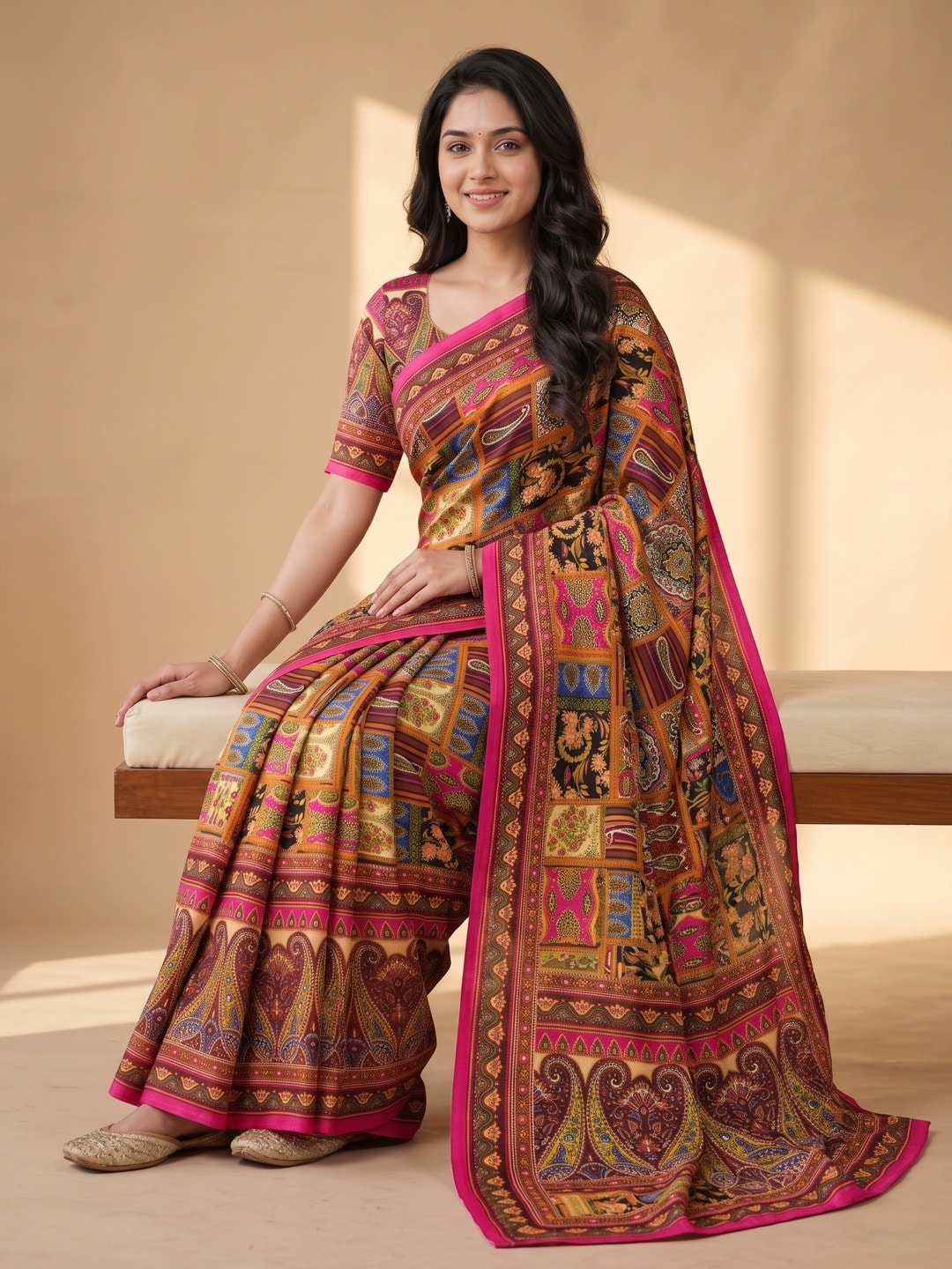 Peachmode Maroon Chinon Saree With Ethnic Print And Mirror Work - Image 5