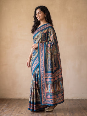 Peachmode Blue Chinon Saree With Ethnic Print And Mirror Work - Image 2