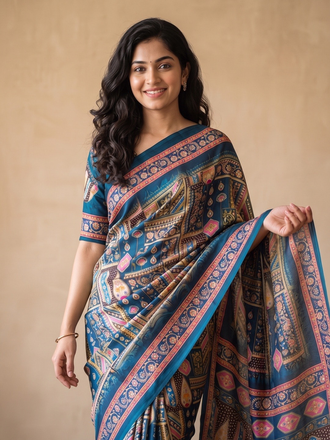 Peachmode Blue Chinon Saree With Ethnic Print And Mirror Work - Image 3
