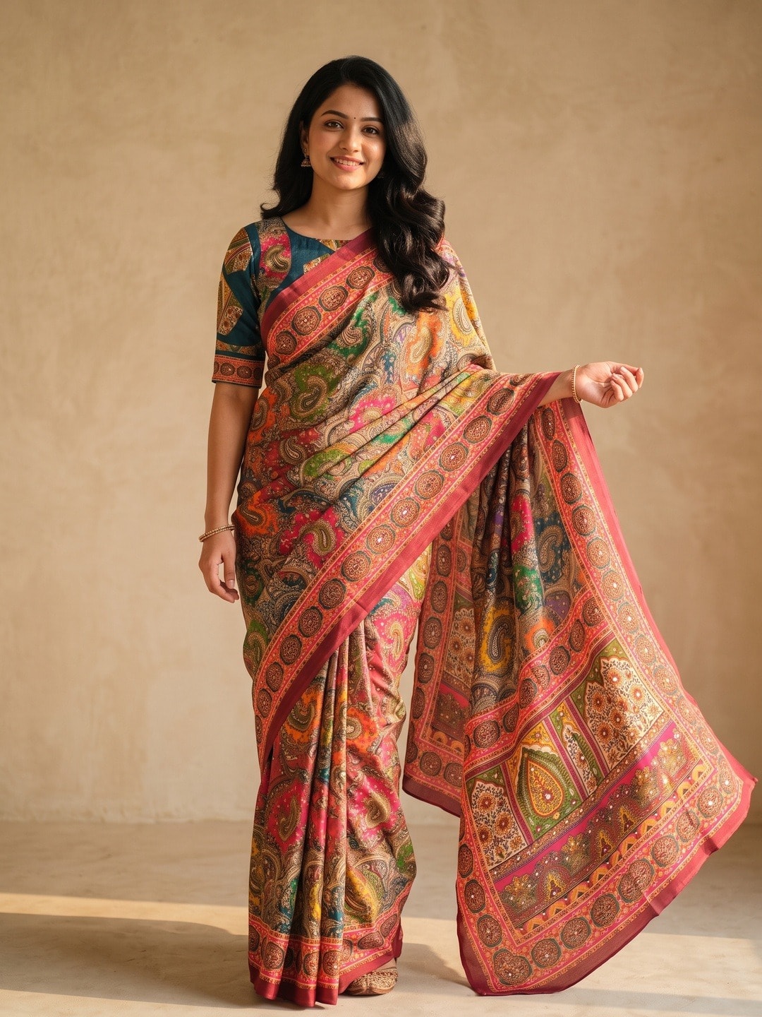 Peachmode Pink Chinon Saree With Ethnic Print And Mirror Work - Image 1