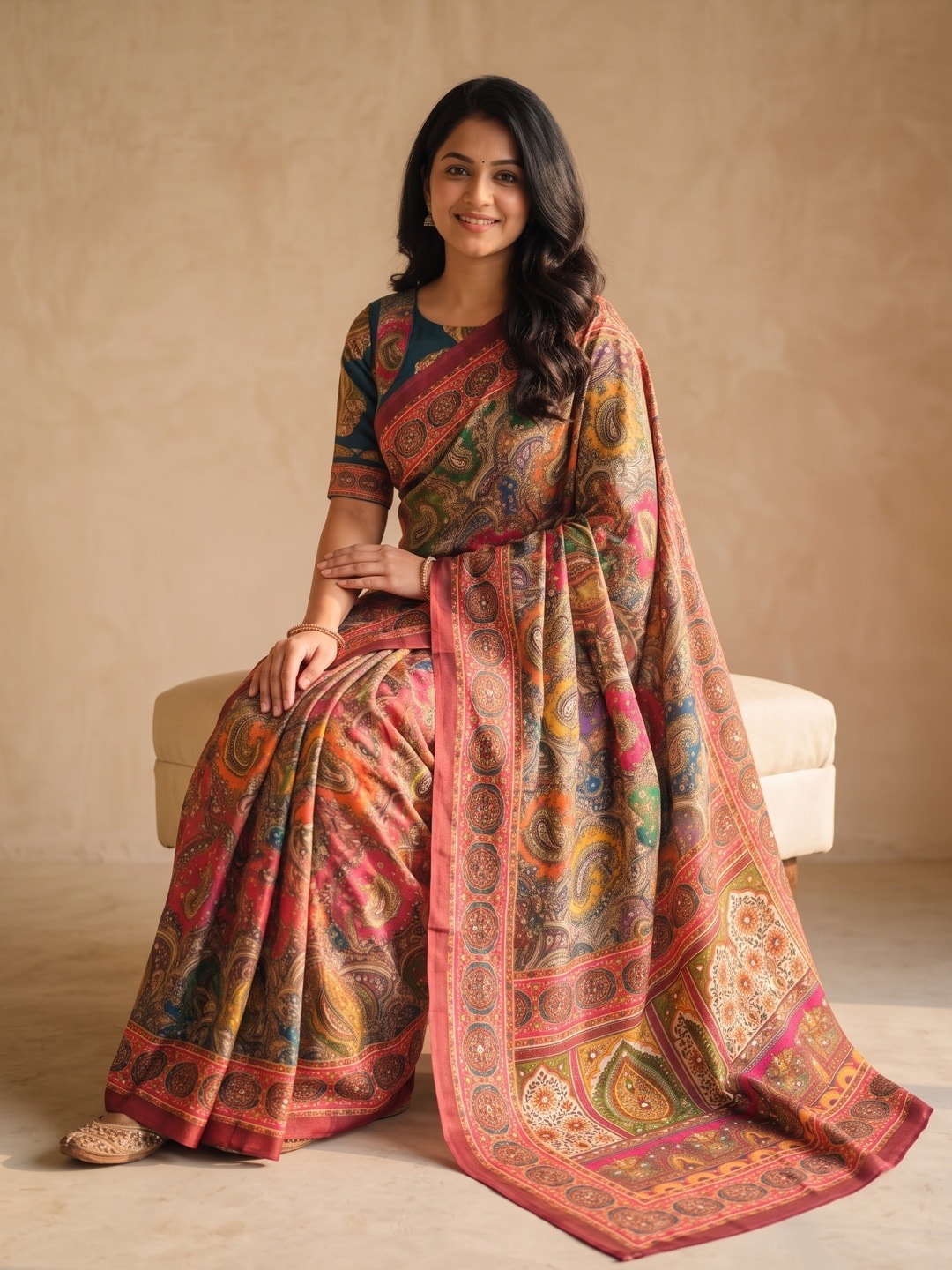 Peachmode Pink Chinon Saree With Ethnic Print And Mirror Work - Image 5