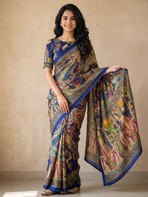 Peachmode Blue Chinon Saree With Ethnic Print And Mirror Work - Image 1