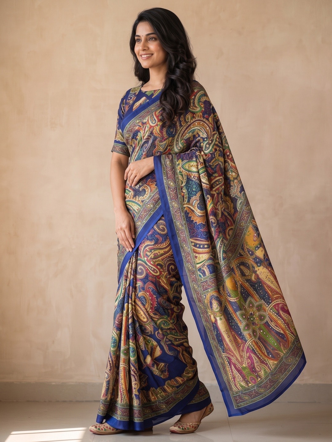 Peachmode Blue Chinon Saree With Ethnic Print And Mirror Work - Image 2