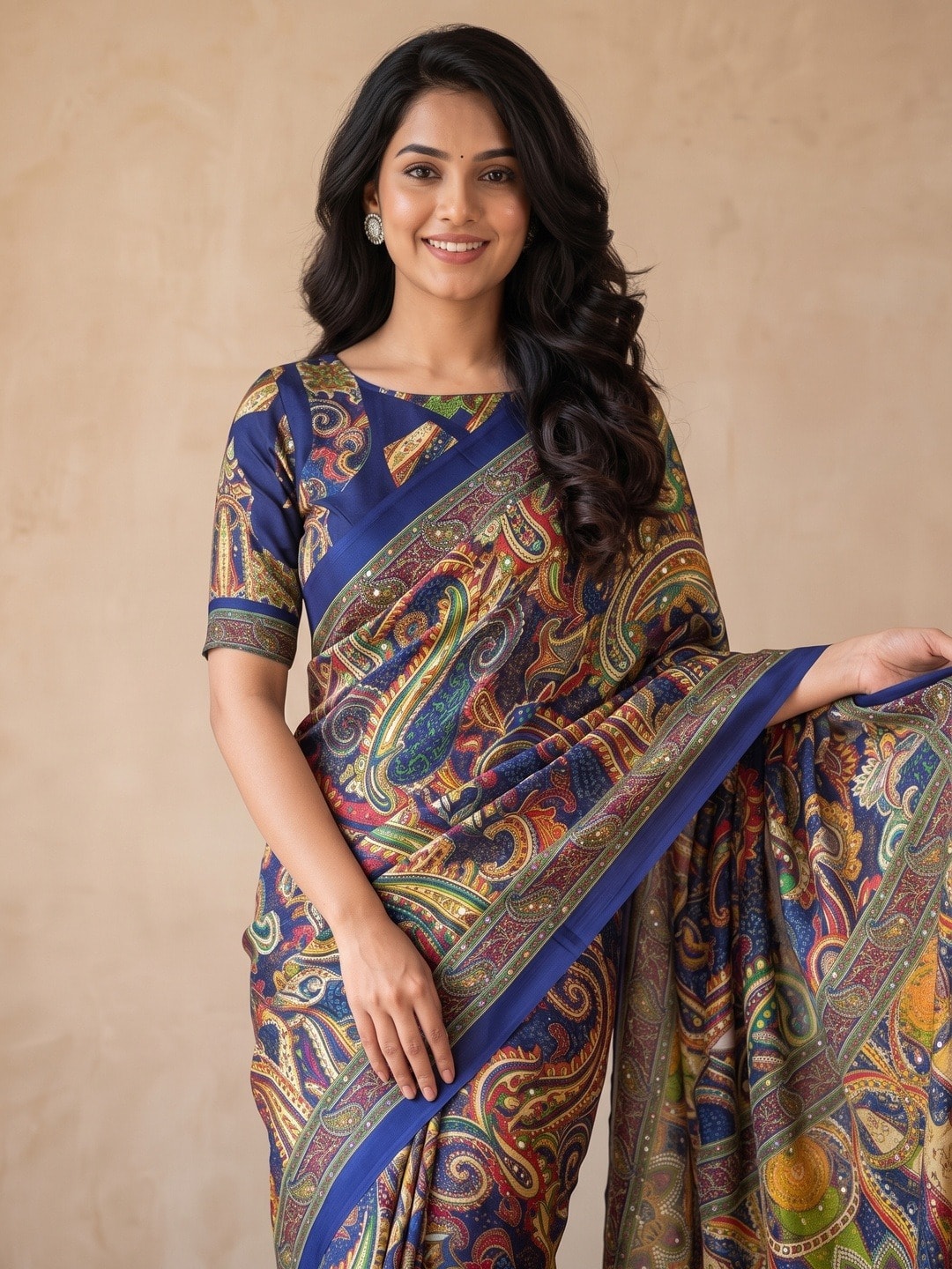 Peachmode Blue Chinon Saree With Ethnic Print And Mirror Work - Image 3