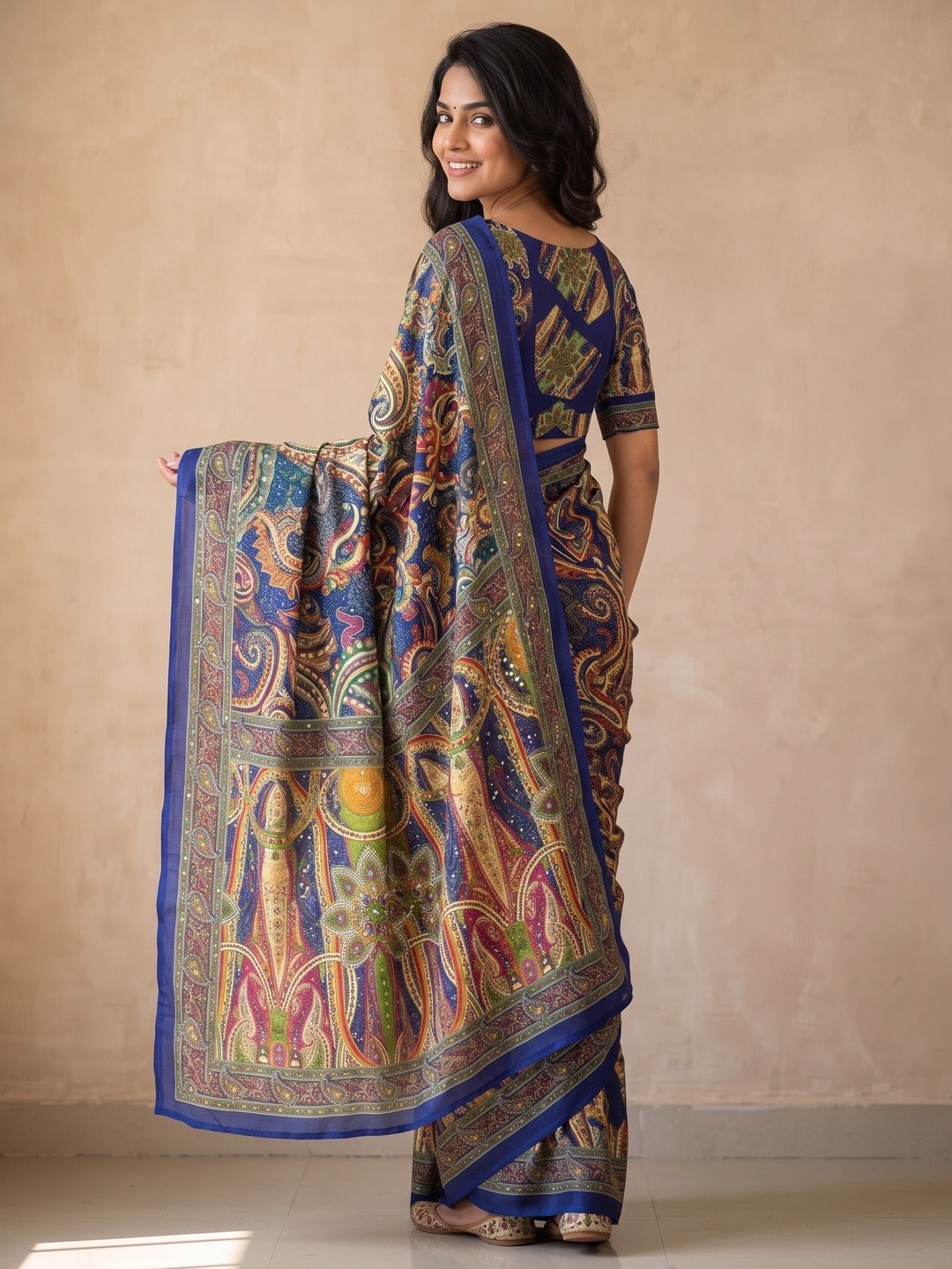 Peachmode Blue Chinon Saree With Ethnic Print And Mirror Work - Image 4