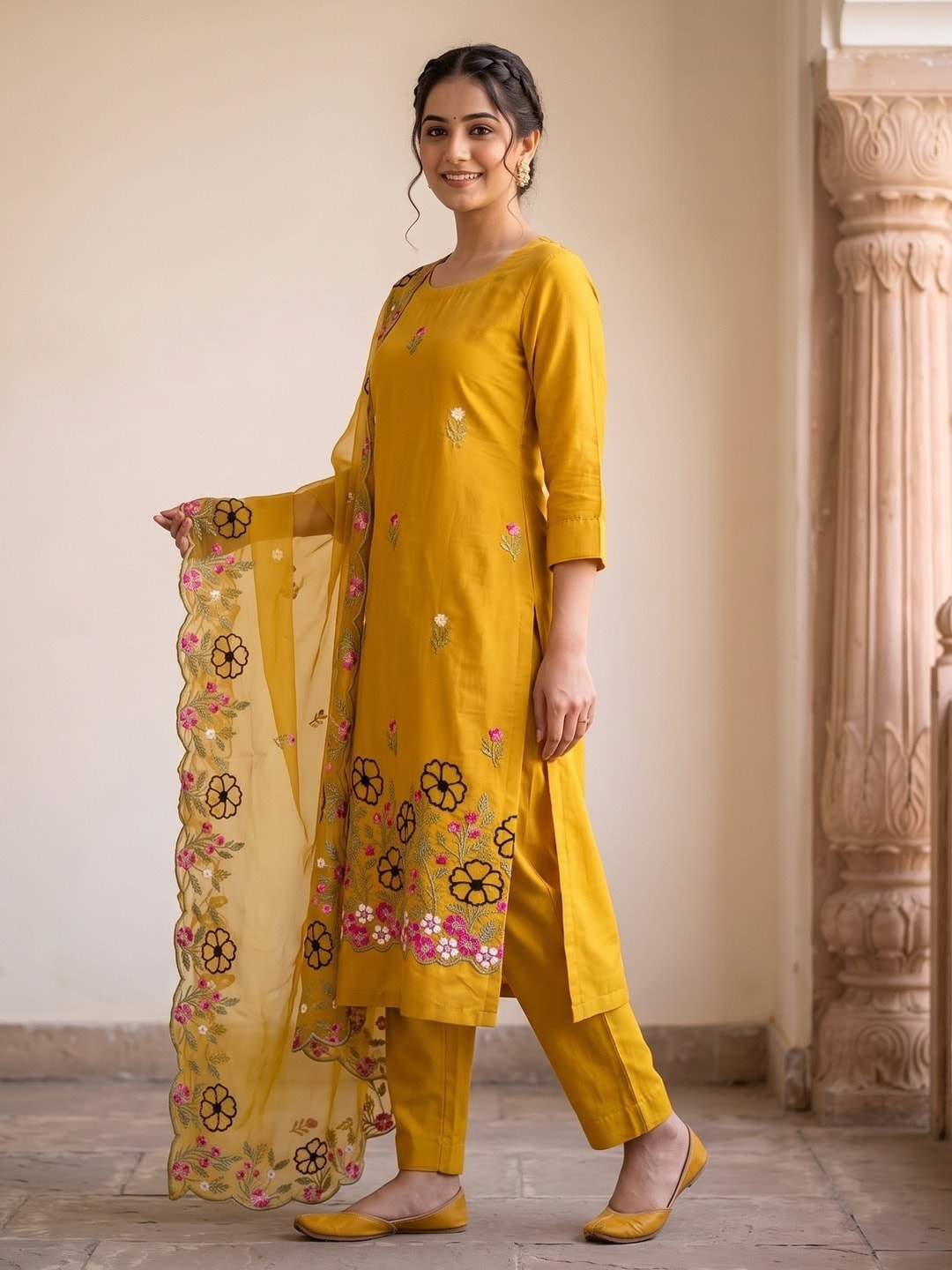 Peachmode Mustard Roman Silk Unstitched Dress Material With Multi Floral Embroidery And Organza Dupatta - Image 3