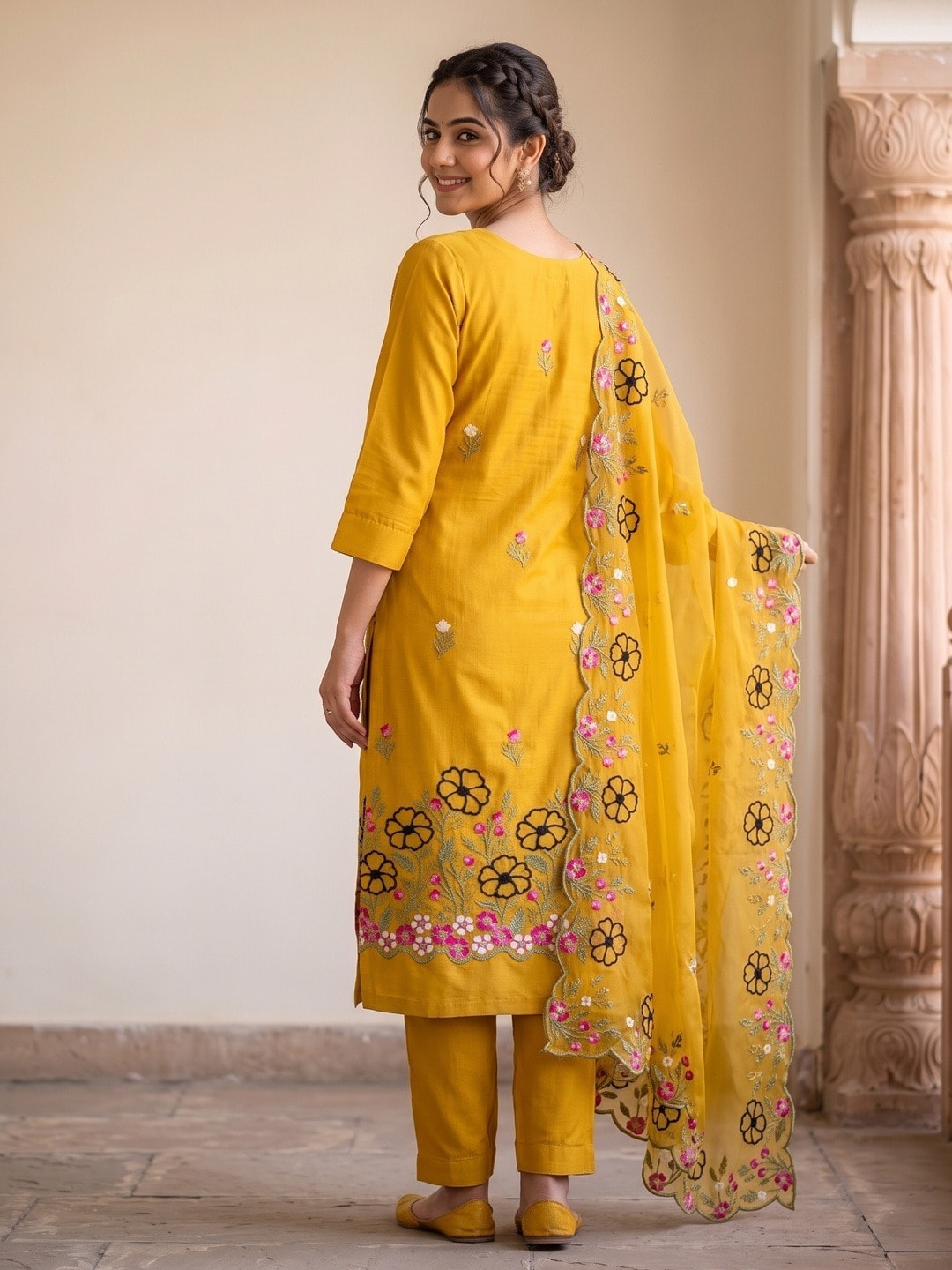 Peachmode Mustard Roman Silk Unstitched Dress Material With Multi Floral Embroidery And Organza Dupatta - Image 5