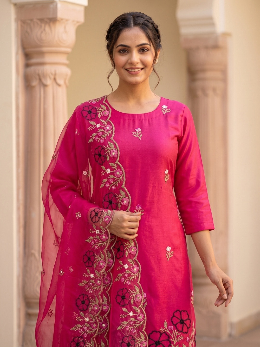 Peachmode Rani Pink Roman Silk Unstitched Dress Material With Multi Floral Embroidery And Organza Dupatta - Image 4