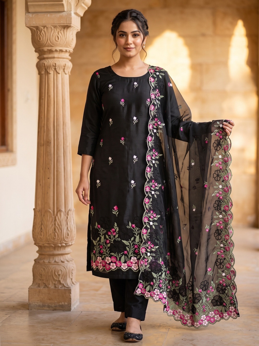 Peachmode Black Roman Silk Unstitched Dress Material With Multi Floral Embroidery And Organza Dupatta - Image 2