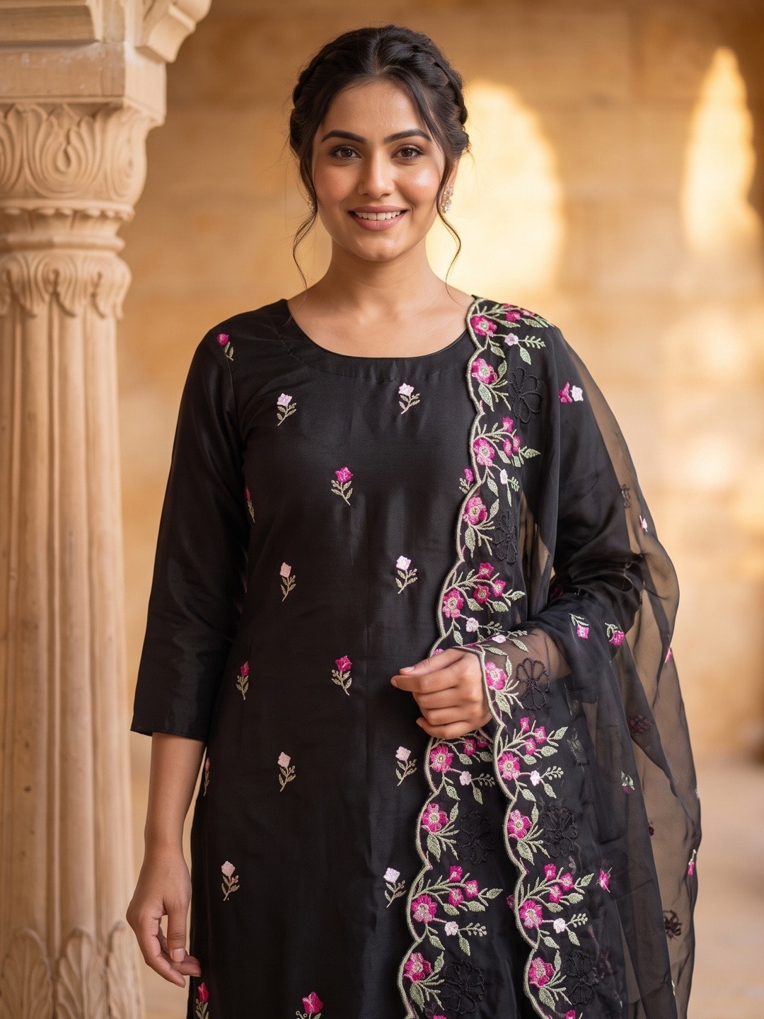 Peachmode Black Roman Silk Unstitched Dress Material With Multi Floral Embroidery And Organza Dupatta - Image 4