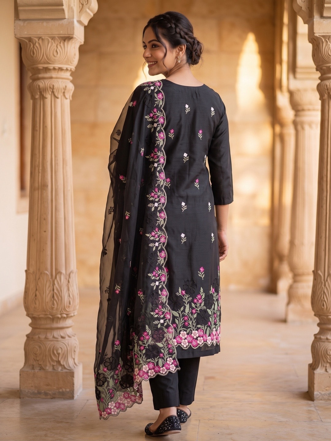 Peachmode Black Roman Silk Unstitched Dress Material With Multi Floral Embroidery And Organza Dupatta - Image 5