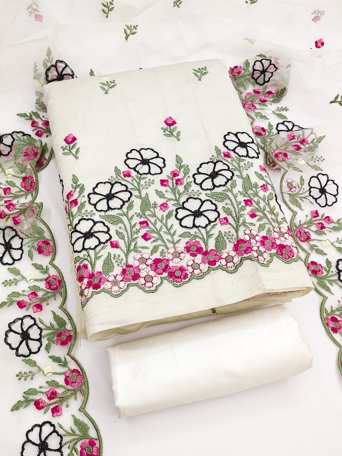 Peachmode White Roman Silk Unstitched Dress Material With Multi Floral Embroidery And Organza Dupatta - Image 1