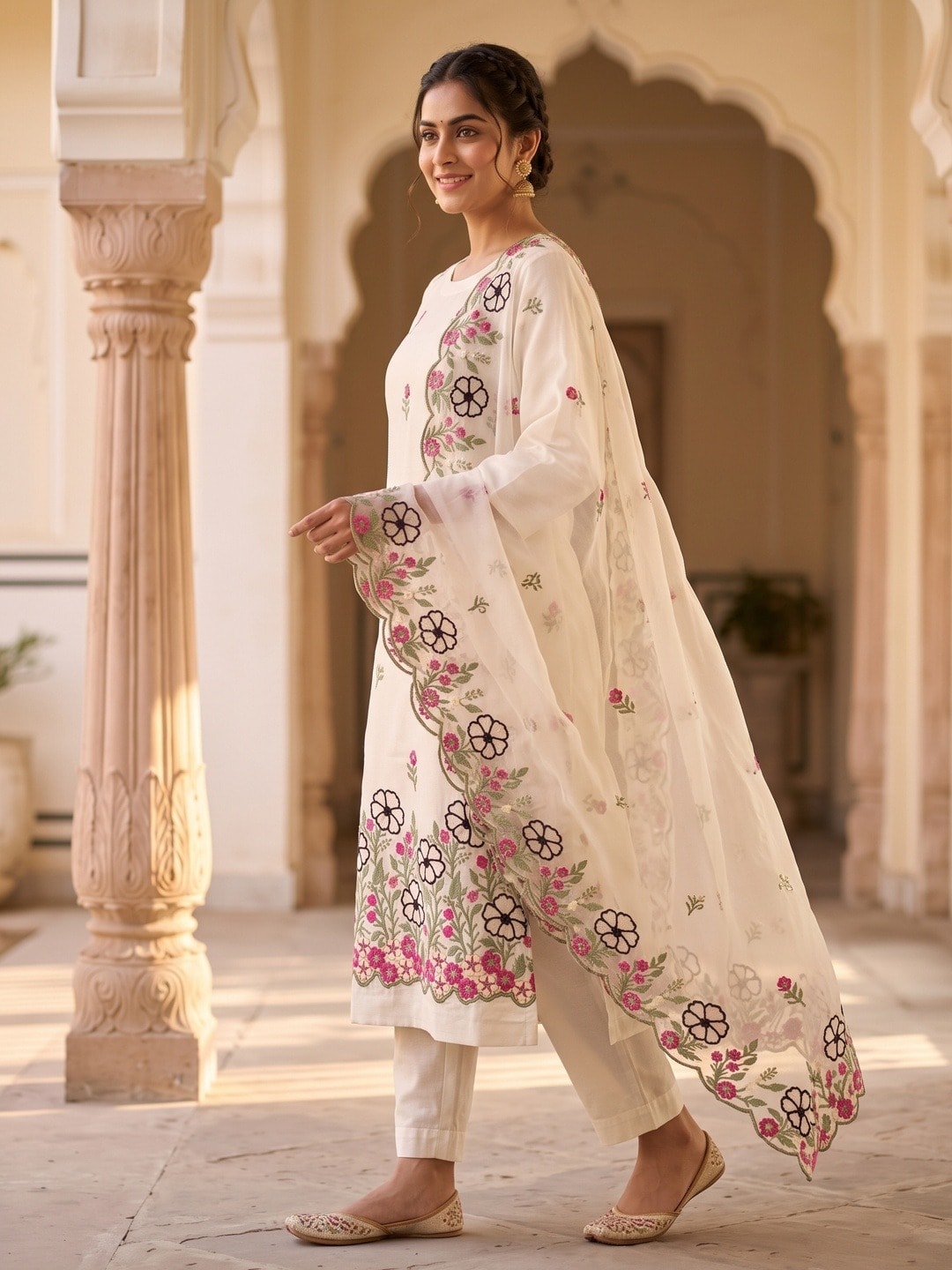 Peachmode White Roman Silk Unstitched Dress Material With Multi Floral Embroidery And Organza Dupatta - Image 3
