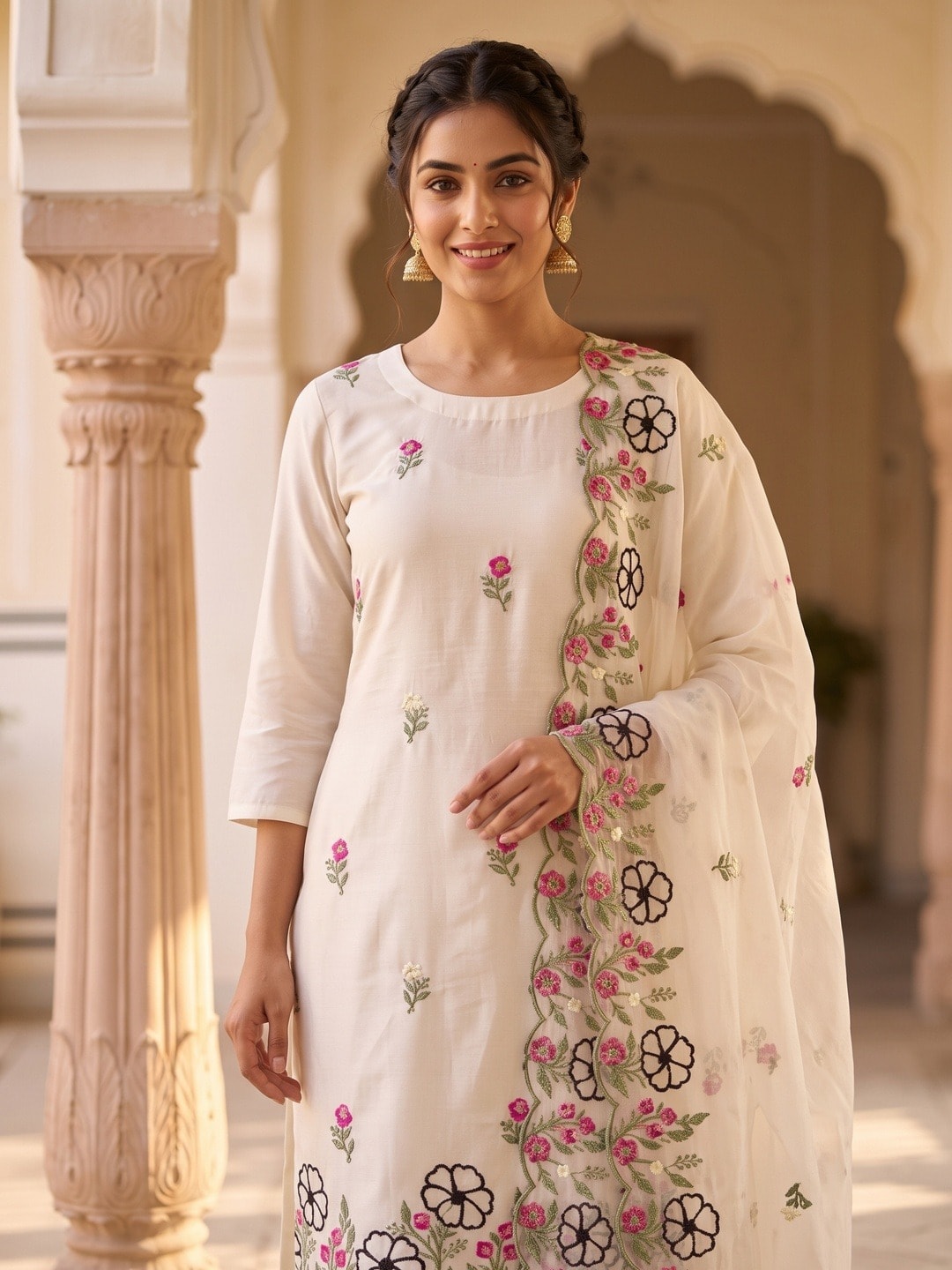 Peachmode White Roman Silk Unstitched Dress Material With Multi Floral Embroidery And Organza Dupatta - Image 4