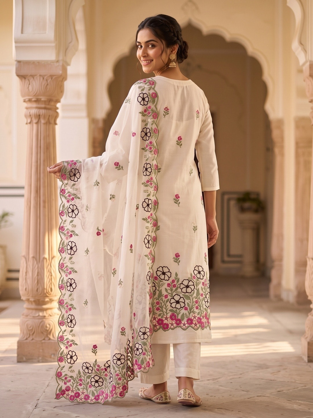 Peachmode White Roman Silk Unstitched Dress Material With Multi Floral Embroidery And Organza Dupatta - Image 5