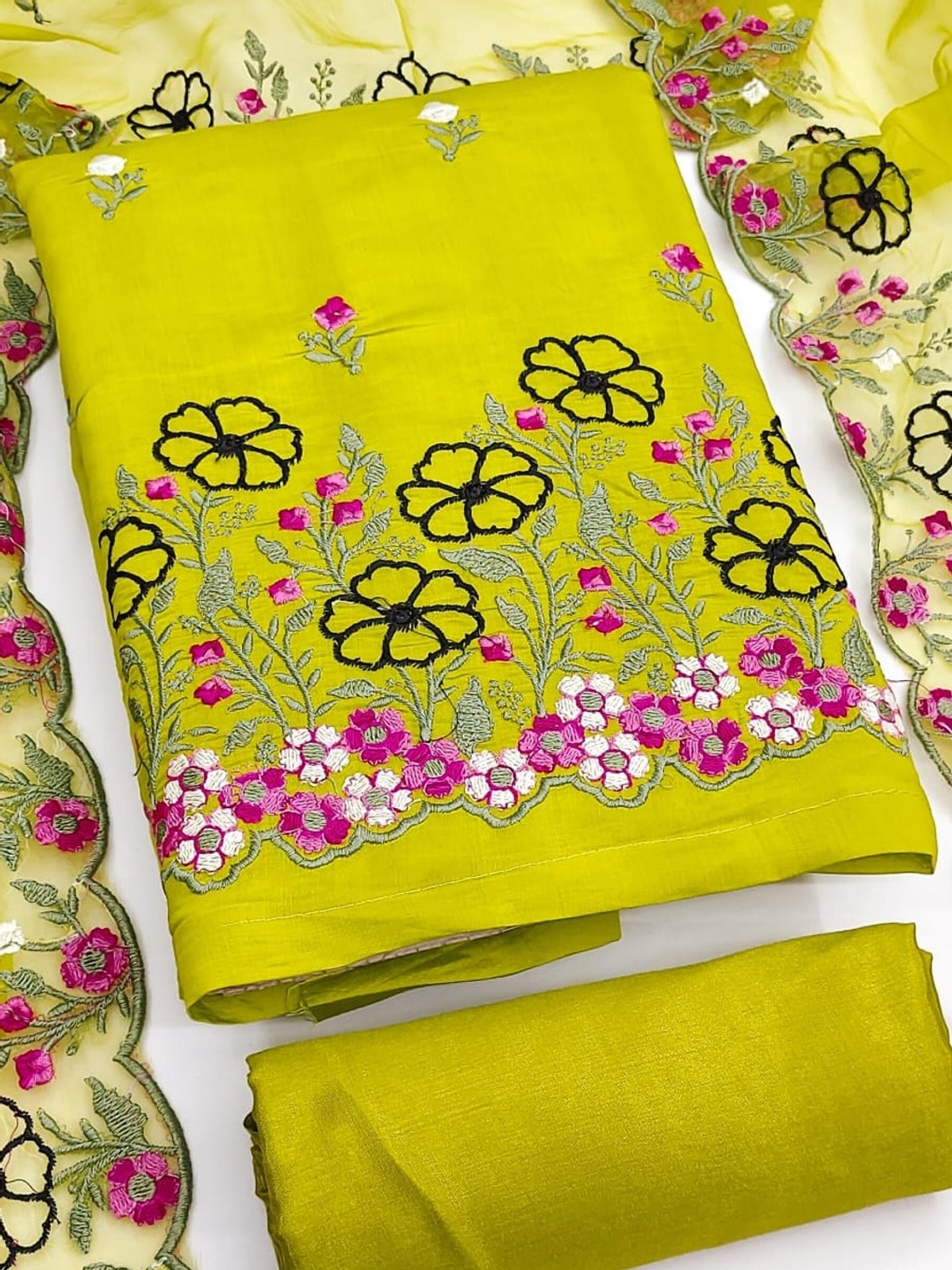Peachmode Lime Green Roman Silk Unstitched Dress Material With Multi Floral Embroidery And Organza Dupatta - Image 1