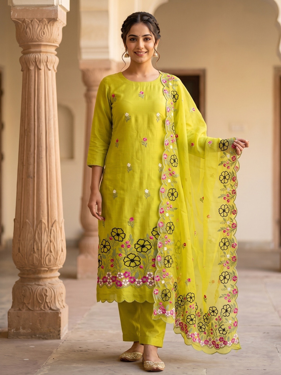Peachmode Lime Green Roman Silk Unstitched Dress Material With Multi Floral Embroidery And Organza Dupatta - Image 2