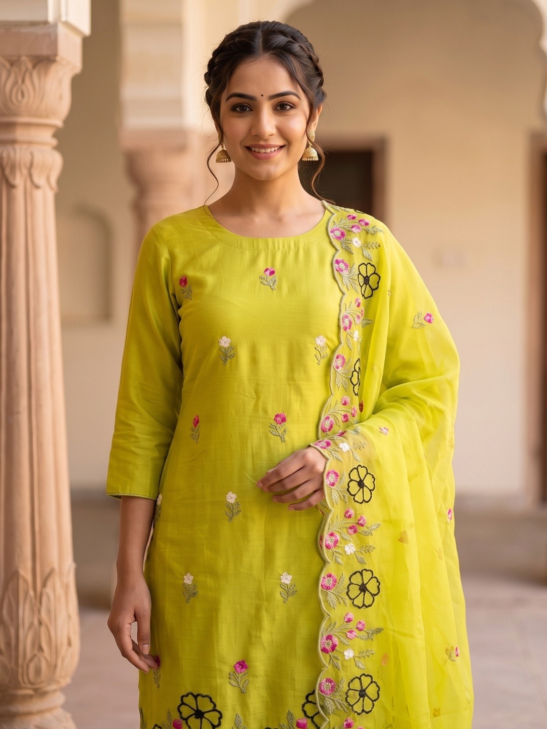 Peachmode Lime Green Roman Silk Unstitched Dress Material With Multi Floral Embroidery And Organza Dupatta - Image 4