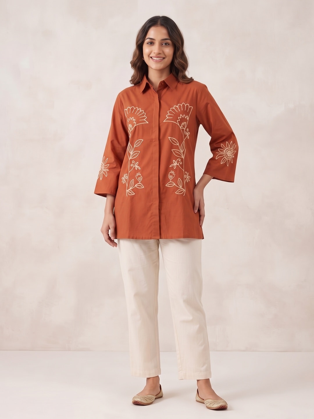 Peachmode Rust Cotton Flex Co-ord Set with Off White Cord Floral Embroidery - Image 1