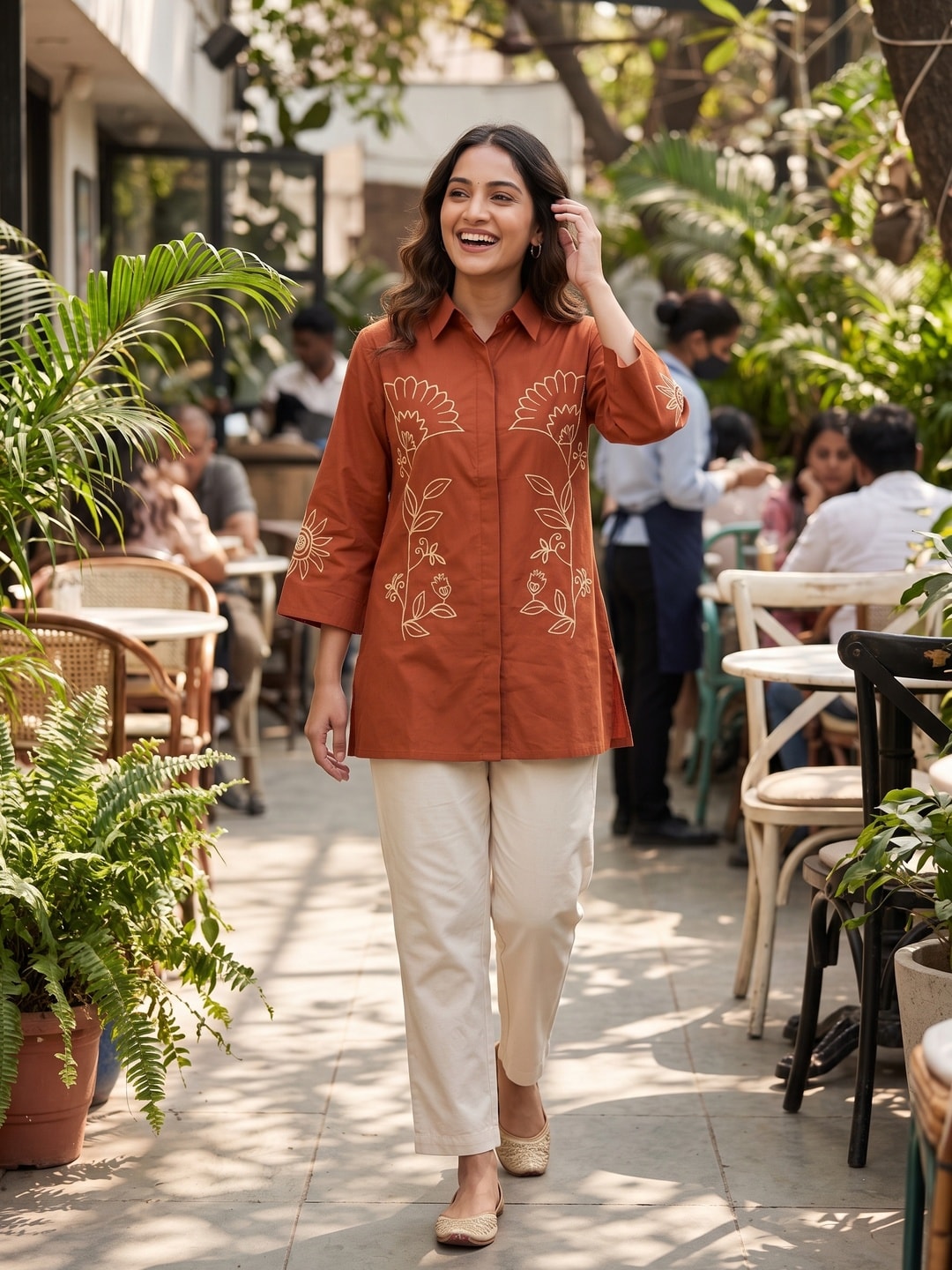 Peachmode Rust Cotton Flex Co-ord Set with Off White Cord Floral Embroidery - Image 2
