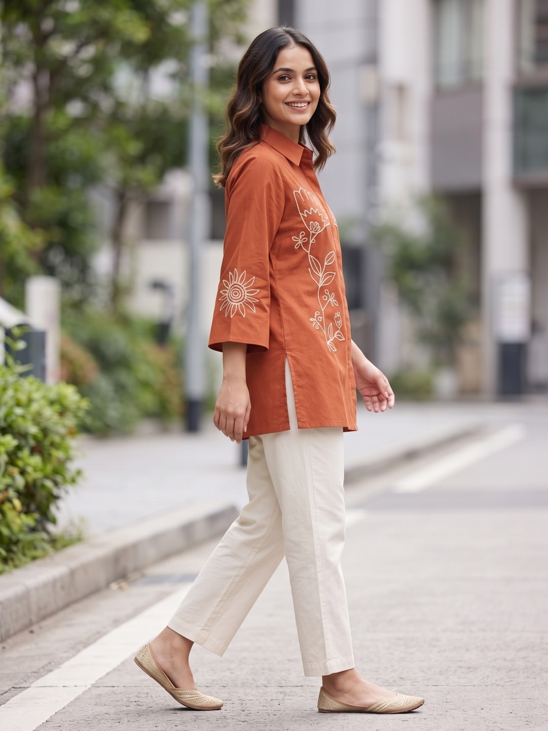 Peachmode Rust Cotton Flex Co-ord Set with Off White Cord Floral Embroidery - Image 3