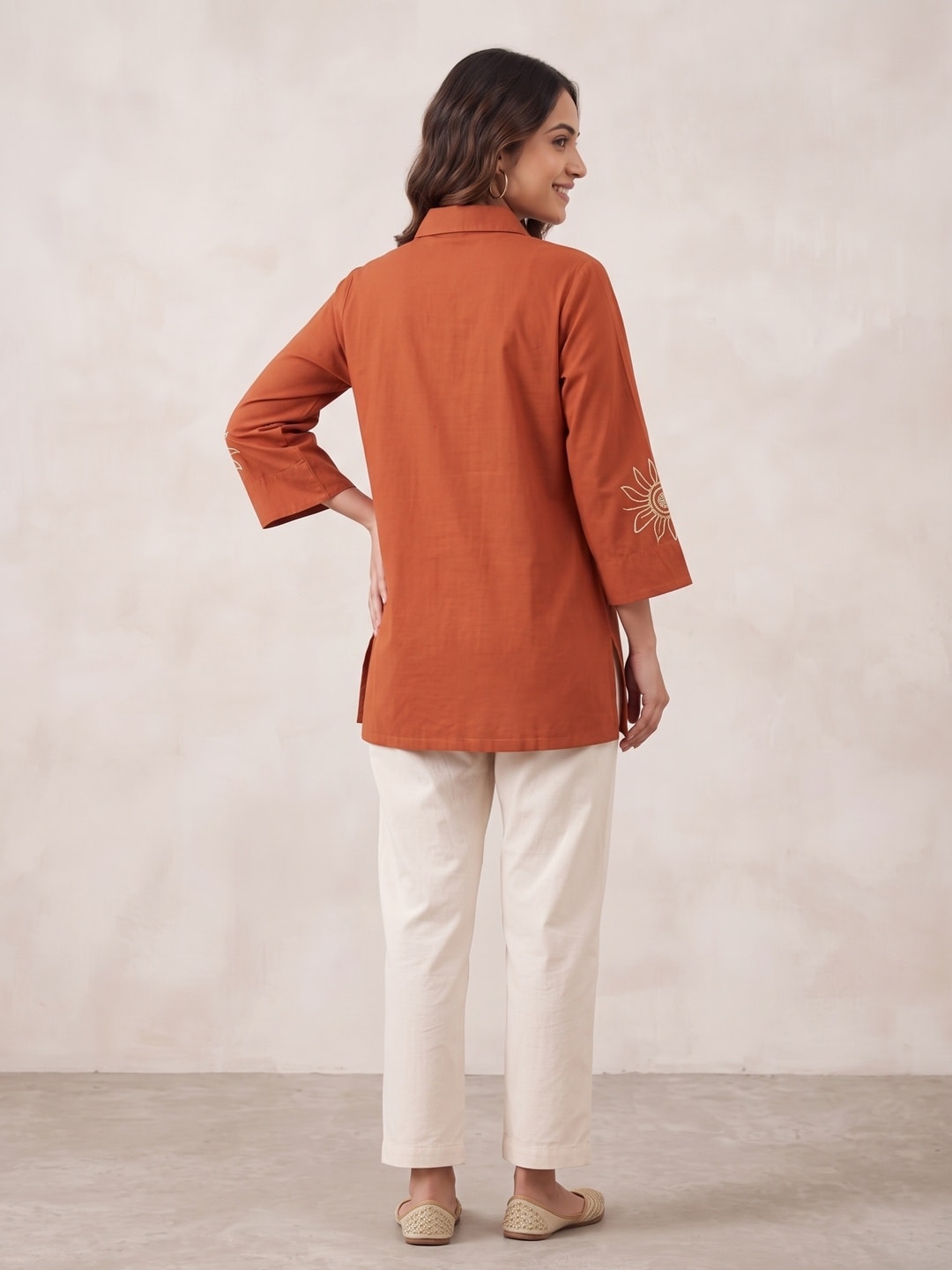 Peachmode Rust Cotton Flex Co-ord Set with Off White Cord Floral Embroidery - Image 4