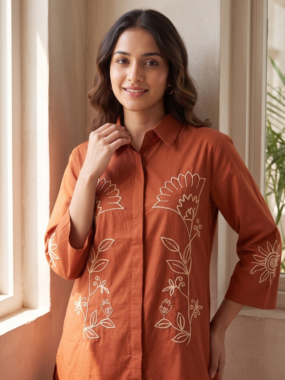 Peachmode Rust Cotton Flex Co-ord Set with Off White Cord Floral Embroidery - Image 5