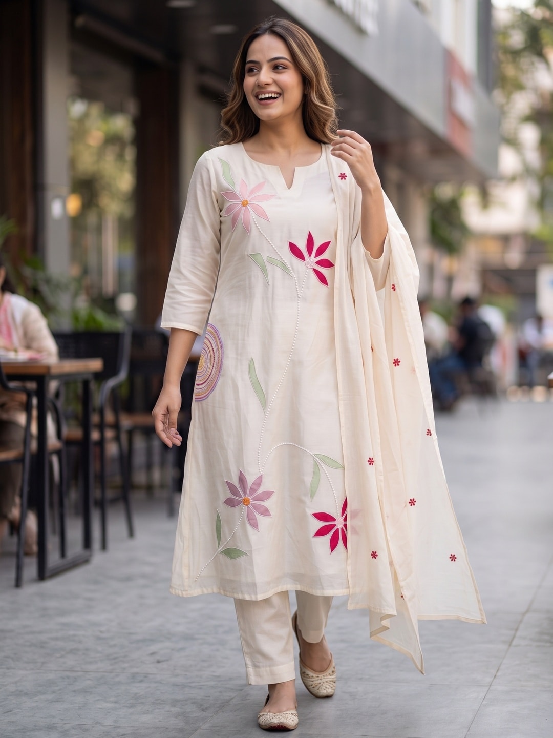 Peachmode Cream Mul Chanderi Applique Embroidered Salwar Suit - Image 2