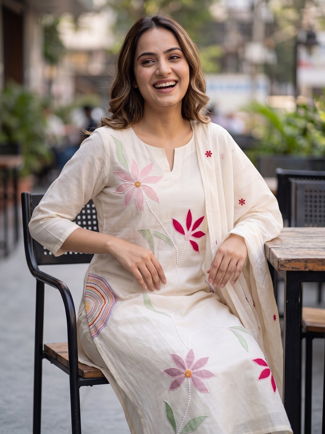Peachmode Cream Mul Chanderi Applique Embroidered Salwar Suit - Image 5