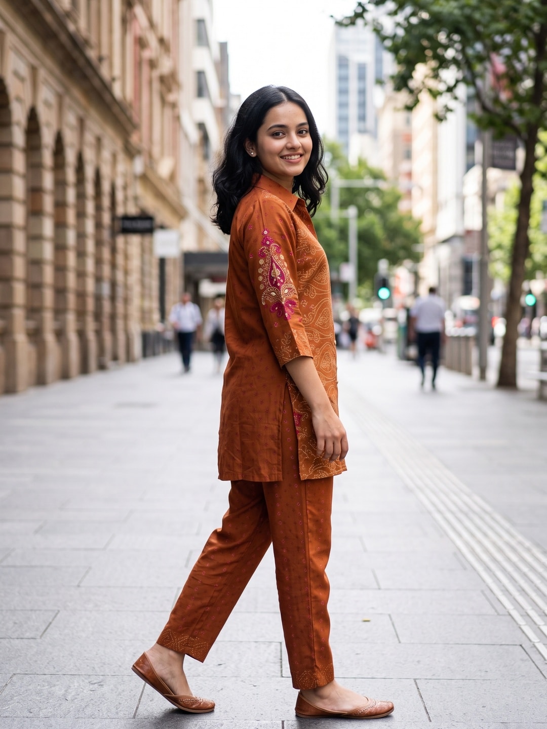 Peachmode Rust Pure Muslin Printed Co-ord Set with Paisley Handwork - Image 3